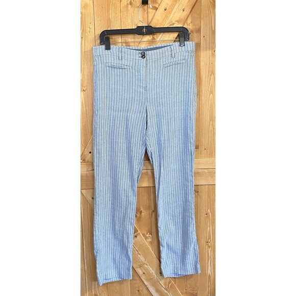 J Jill Women’s Linen Stretch Pants Size 10 Blue White Stripe Pull-On Lightweight - Picture 1 of 14